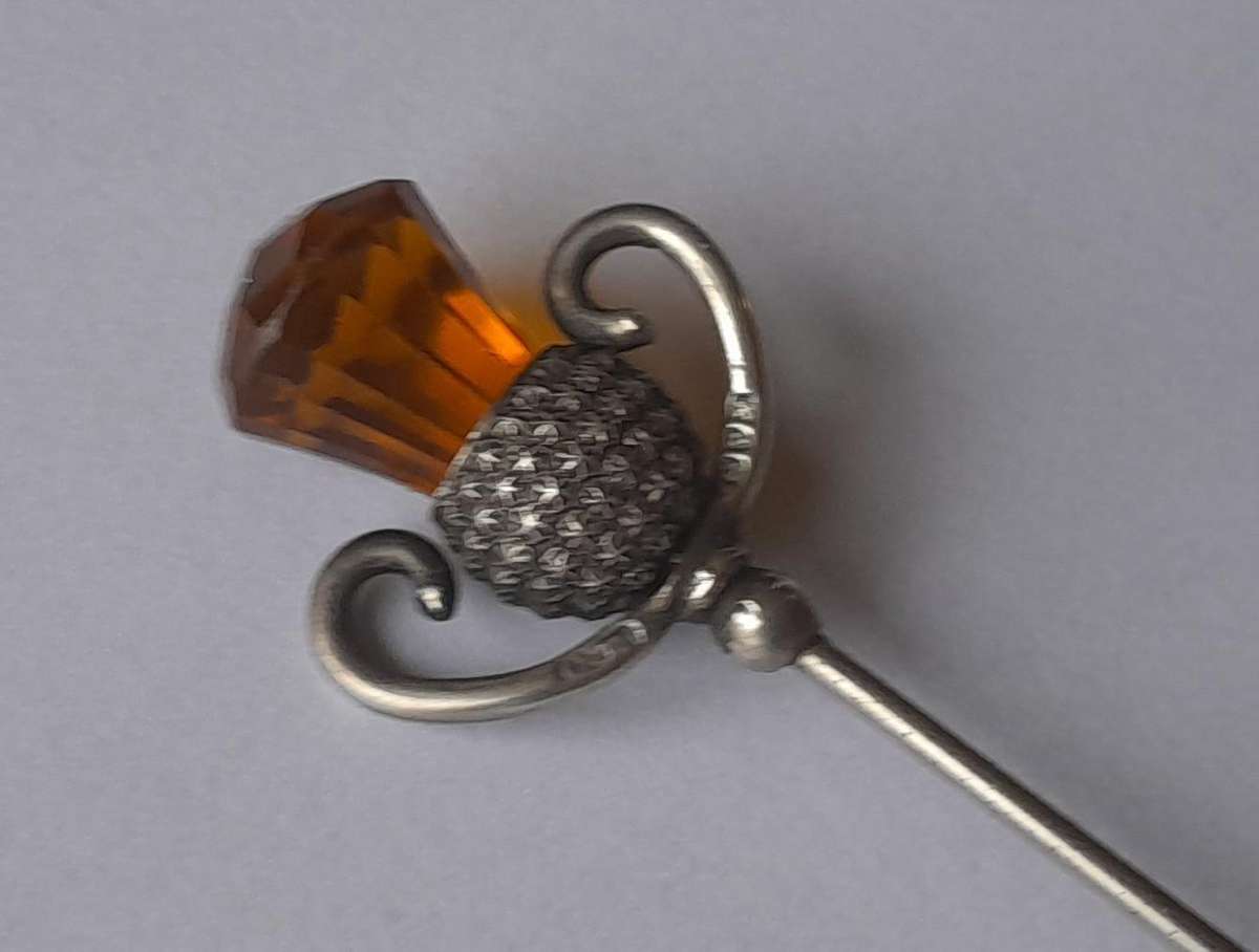 Antique Solid Silver And Amber Thistle Hat Pin By Charles Horner.  Chester, 1908.