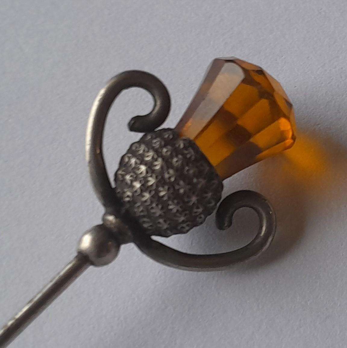 Antique Solid Silver And Amber Thistle Hat Pin By Charles Horner.  Chester, 1908.