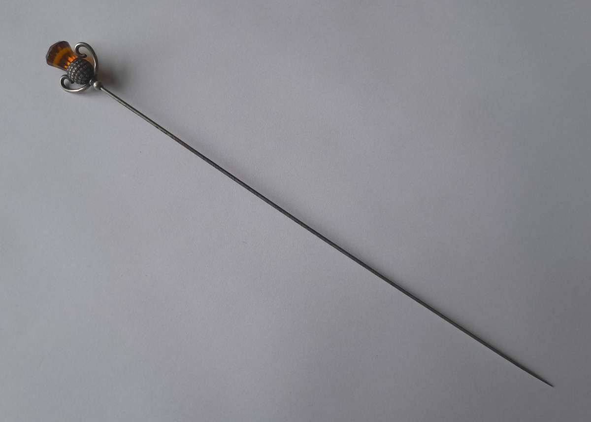 Antique Solid Silver And Amber Thistle Hat Pin By Charles Horner.  Chester, 1908.
