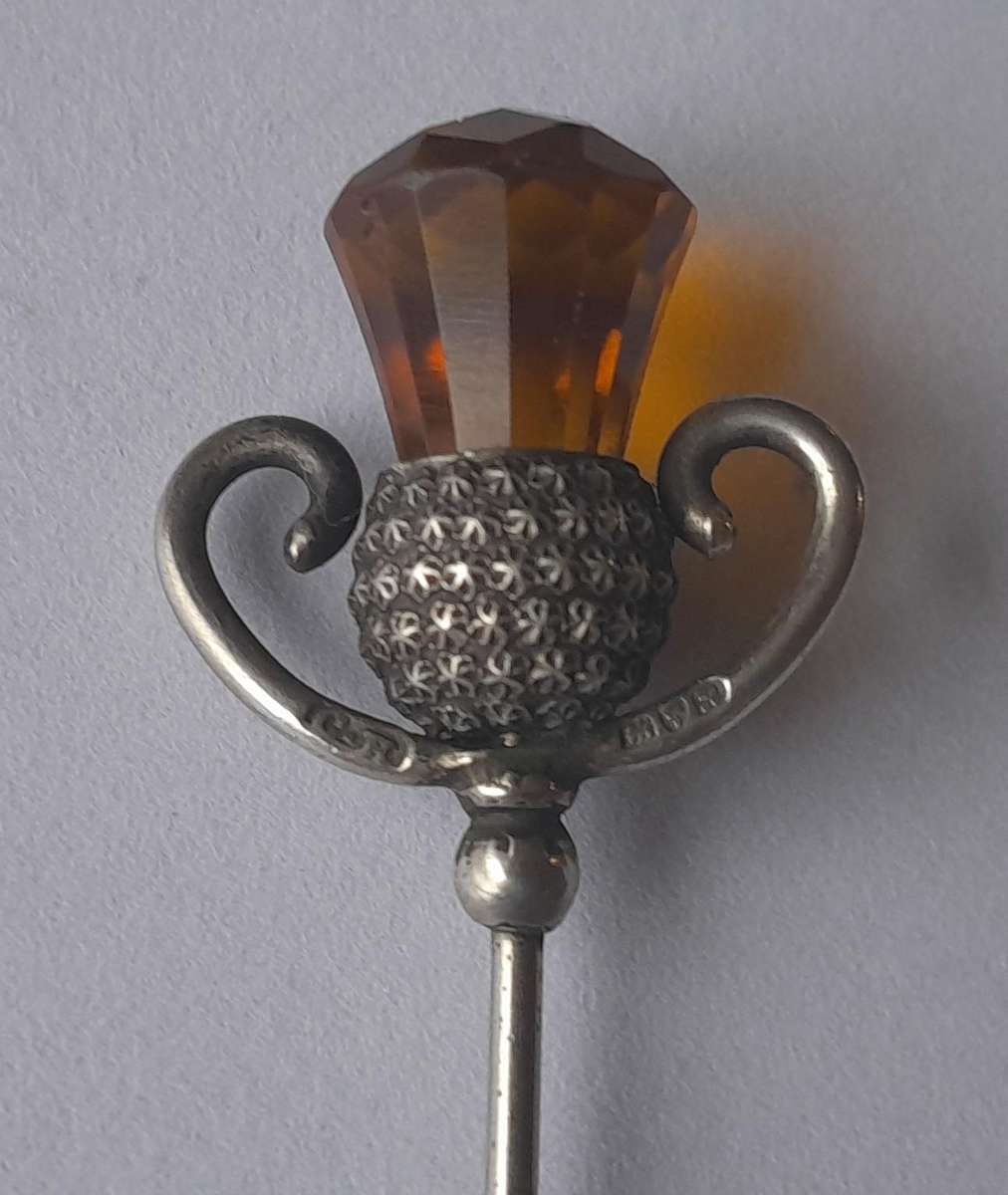 Antique Solid Silver And Amber Thistle Hat Pin By Charles Horner.  Chester, 1908.