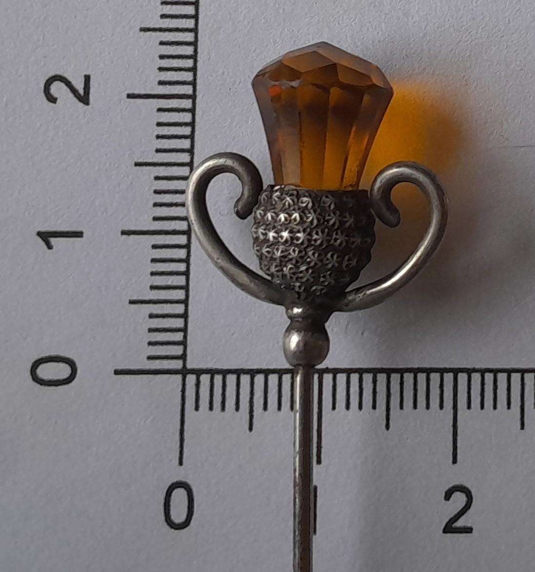 Antique Solid Silver And Amber Thistle Hat Pin By Charles Horner.  Chester, 1908.