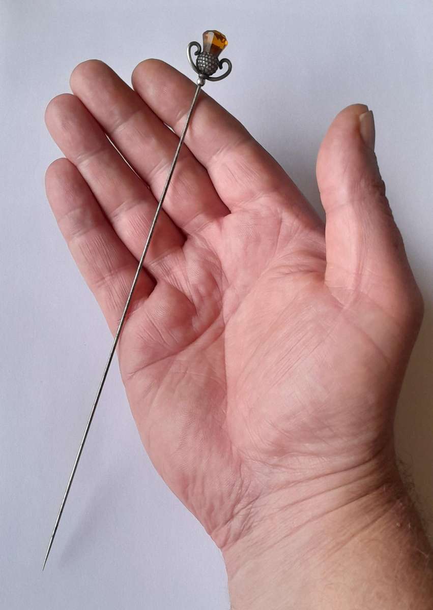 Antique Solid Silver And Amber Thistle Hat Pin By Charles Horner.  Chester, 1908.