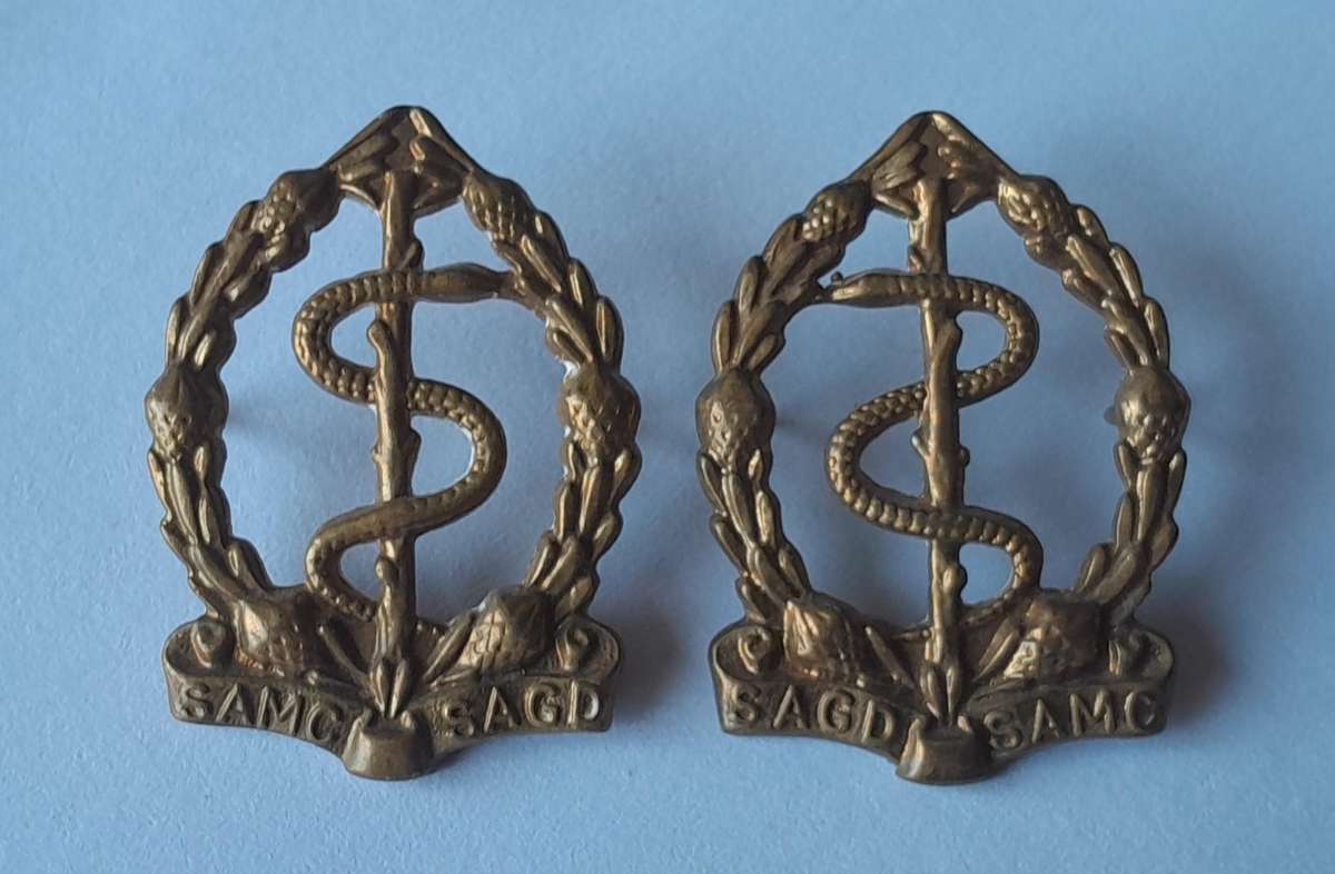 Pair SADF Medical Corps Collar Badges (facing).  Pins Intact.