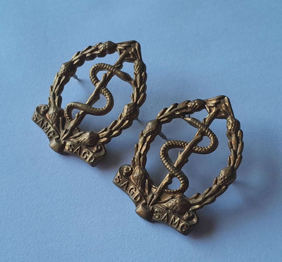 Pair SADF Medical Corps Collar Badges (facing).  Pins Intact.