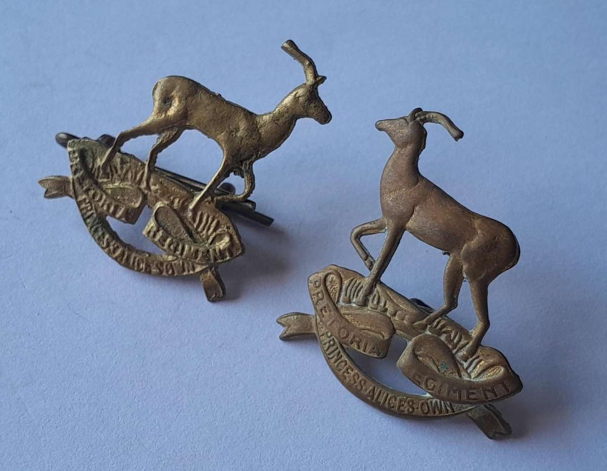 Pair SADF Pretoria Regiment (Princess Alice's Own) Collar Badges.  Lugs Intact.