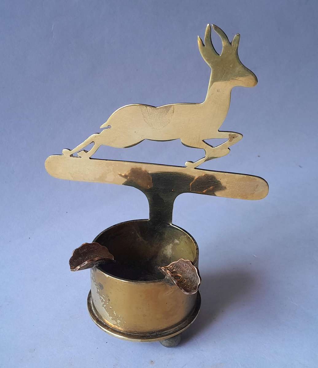 WW2 1939 SA Army North Africa "Springbok" Trench Art Ashtray.  Made With Shell And Egyptian Coins.