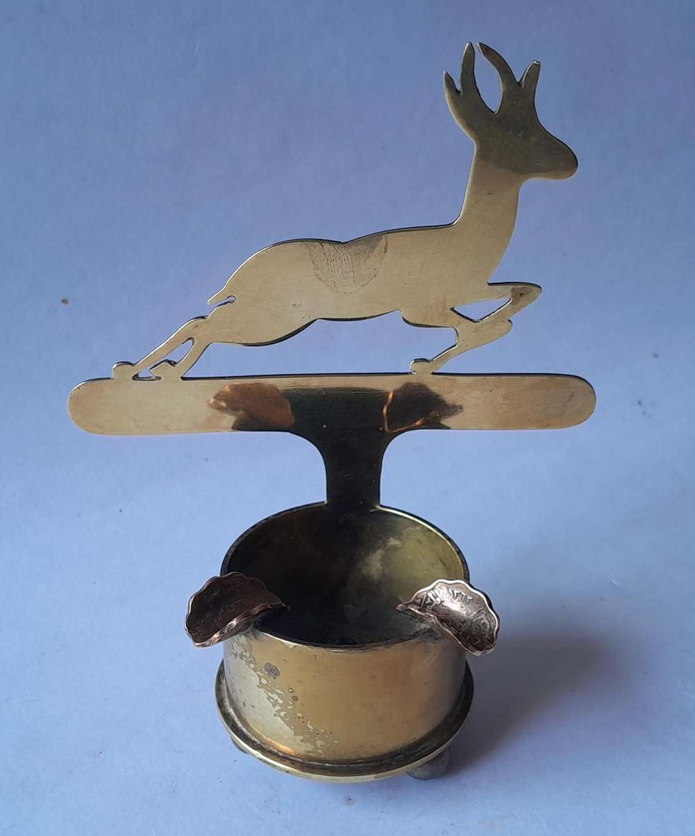 WW2 1939 SA Army North Africa "Springbok" Trench Art Ashtray.  Made With Shell And Egyptian Coins.