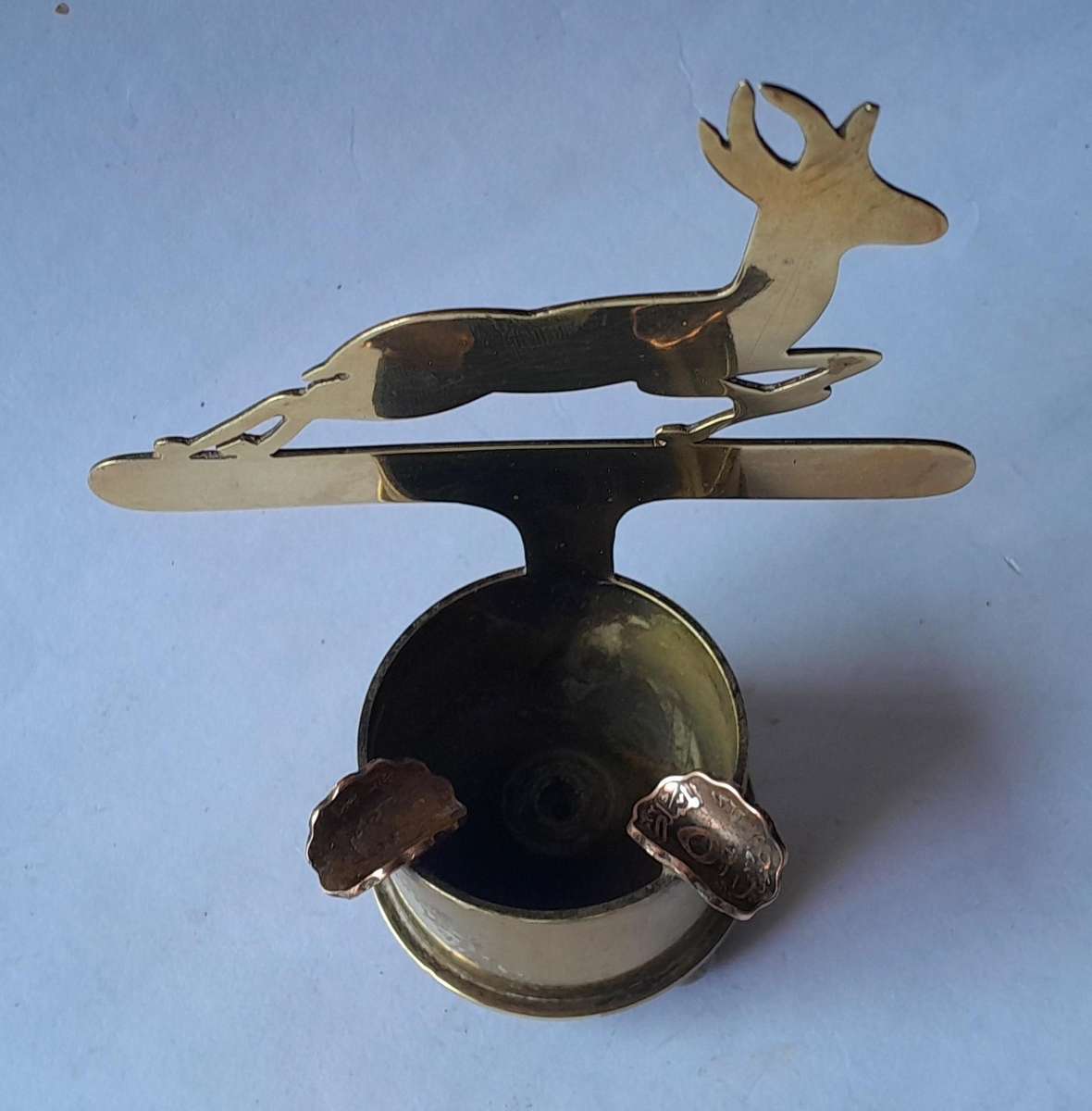 WW2 1939 SA Army North Africa "Springbok" Trench Art Ashtray.  Made With Shell And Egyptian Coins.