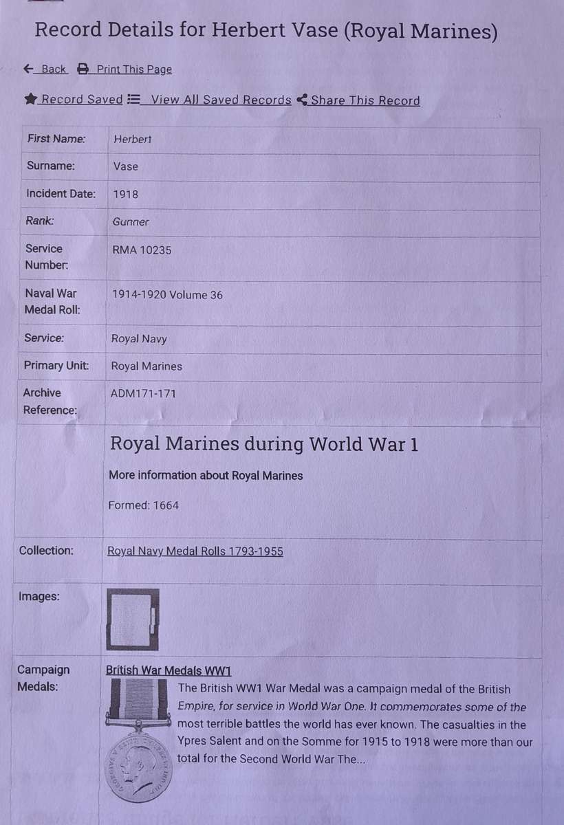 "Reserved" WW1 Royal Navy Long Service and Good Conduct Medal To "R.M.A. 10235 H.VASE. GNR. R.M.A."