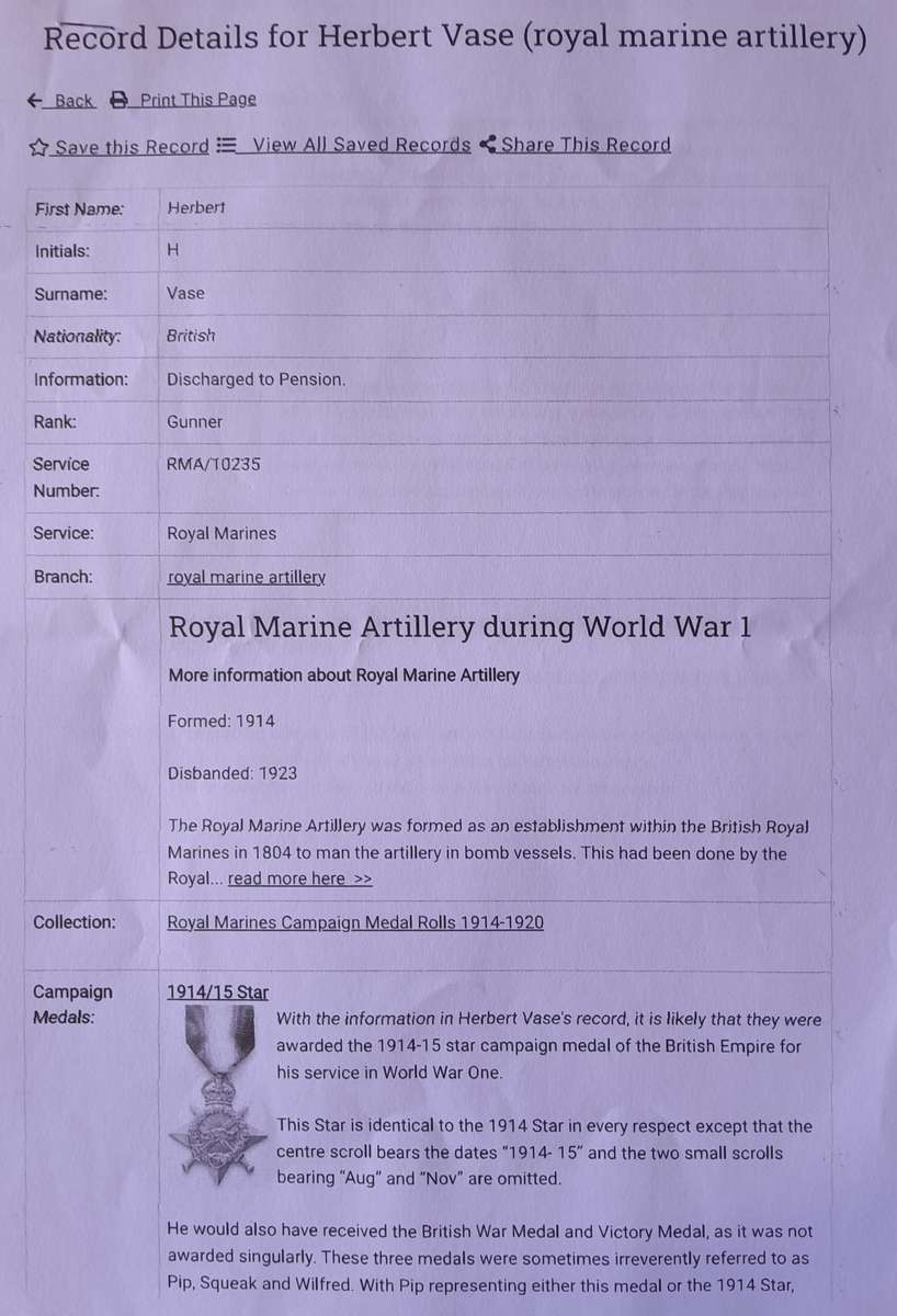 "Reserved" WW1 Royal Navy Long Service and Good Conduct Medal To "R.M.A. 10235 H.VASE. GNR. R.M.A."