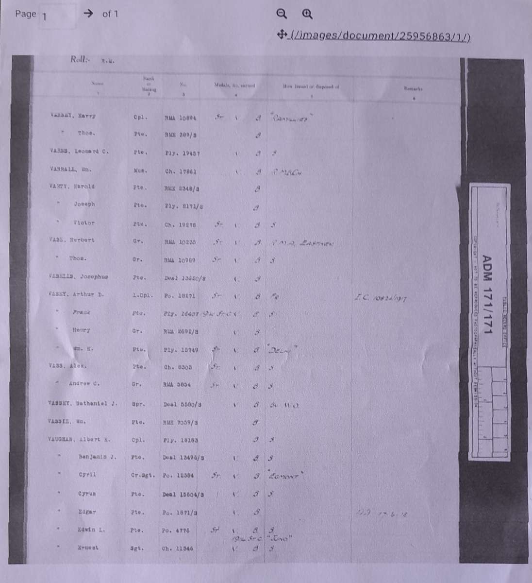 "Reserved" WW1 Royal Navy Long Service and Good Conduct Medal To "R.M.A. 10235 H.VASE. GNR. R.M.A."