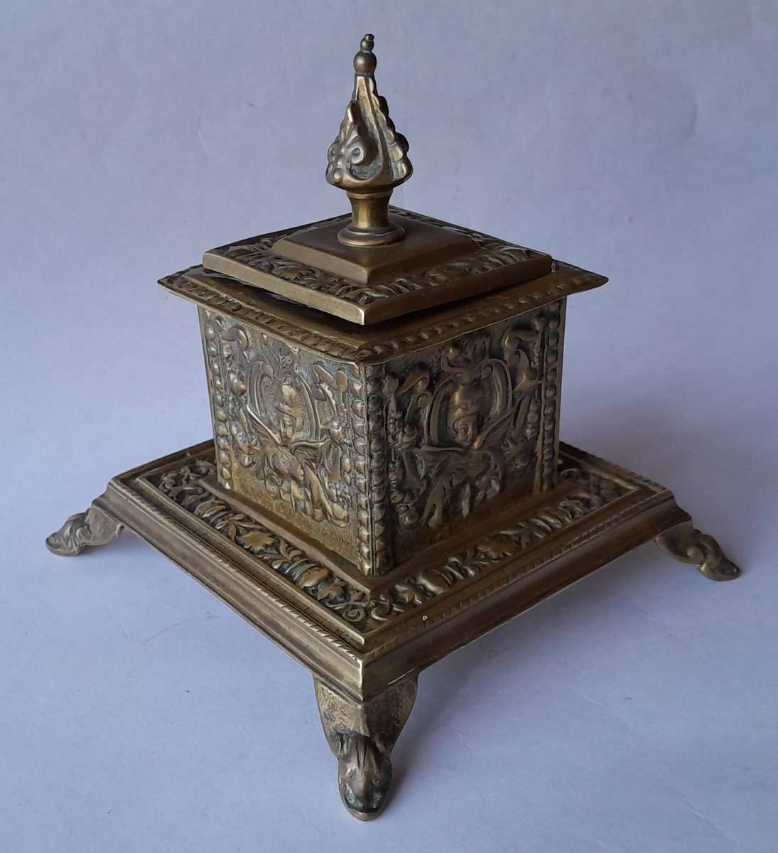 Victorian Cast Brass Ornate Inkwell With Ceramic Insert.  Circa 1880.  17 x 14.5cm.