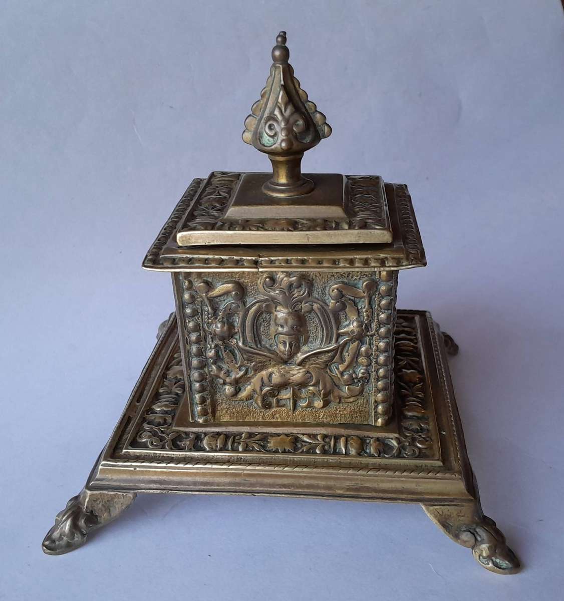 Victorian Cast Brass Ornate Inkwell With Ceramic Insert.  Circa 1880.  17 x 14.5cm.