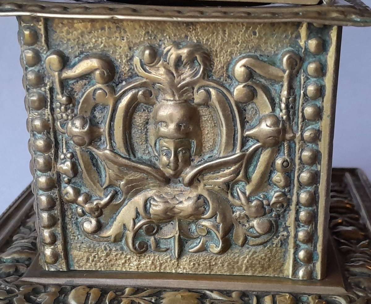 Victorian Cast Brass Ornate Inkwell With Ceramic Insert.  Circa 1880.  17 x 14.5cm.