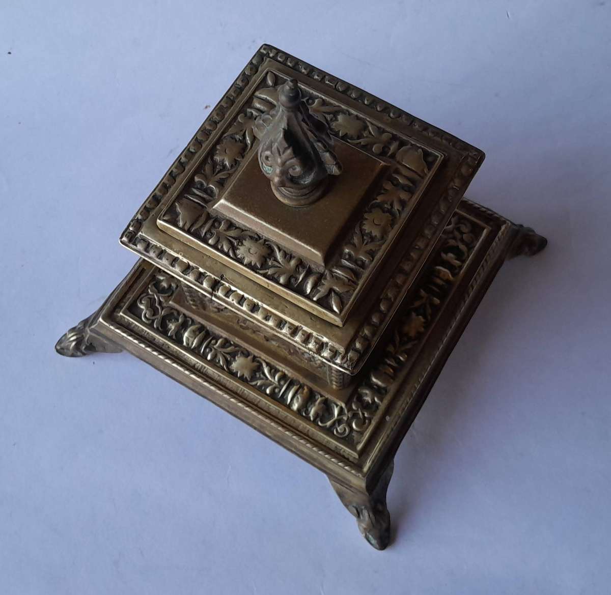 Victorian Cast Brass Ornate Inkwell With Ceramic Insert.  Circa 1880.  17 x 14.5cm.