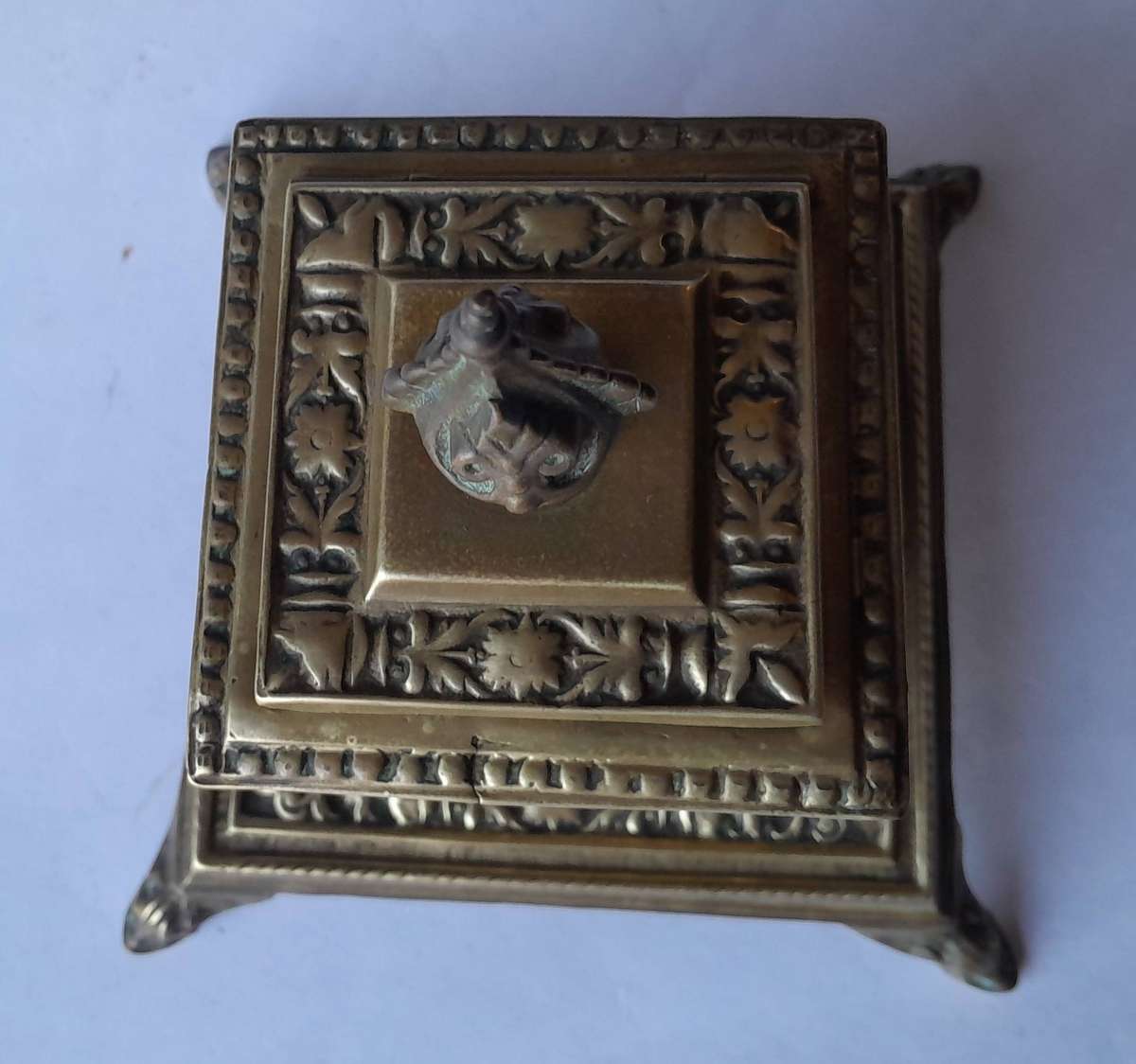 Victorian Cast Brass Ornate Inkwell With Ceramic Insert.  Circa 1880.  17 x 14.5cm.