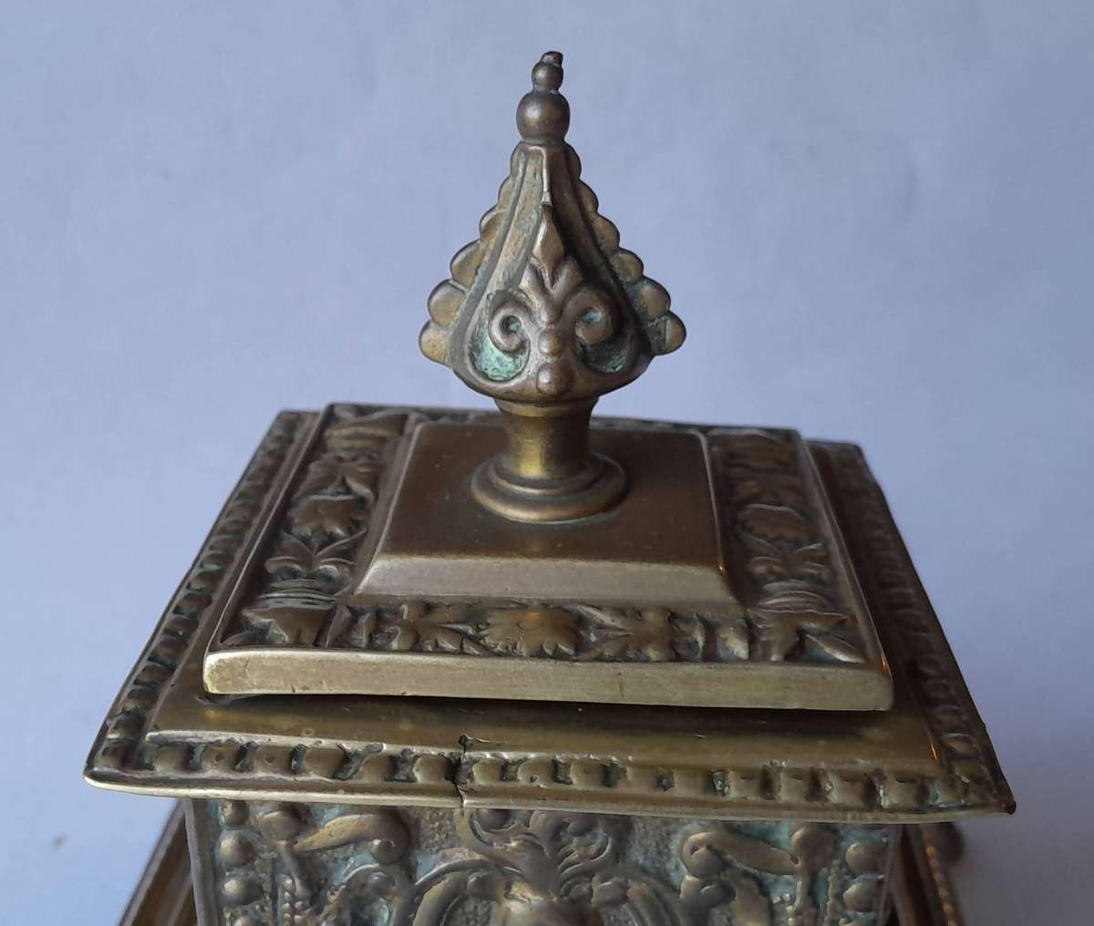 Victorian Cast Brass Ornate Inkwell With Ceramic Insert.  Circa 1880.  17 x 14.5cm.