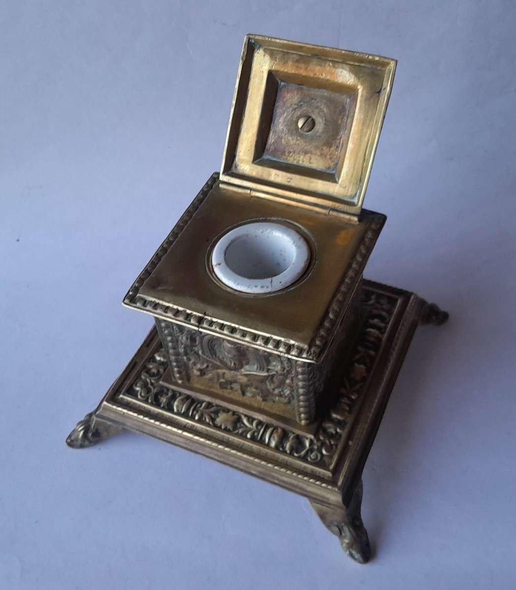 Victorian Cast Brass Ornate Inkwell With Ceramic Insert.  Circa 1880.  17 x 14.5cm.
