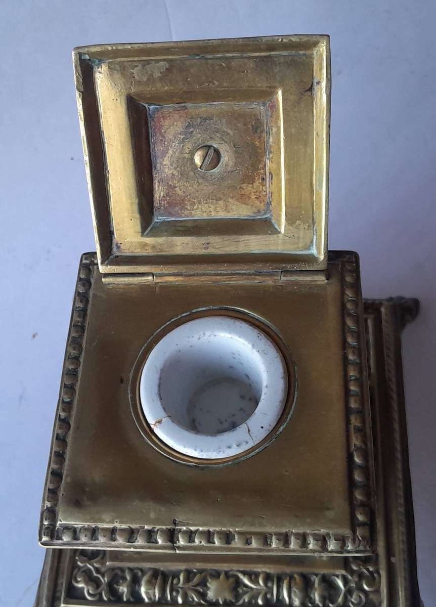 Victorian Cast Brass Ornate Inkwell With Ceramic Insert.  Circa 1880.  17 x 14.5cm.