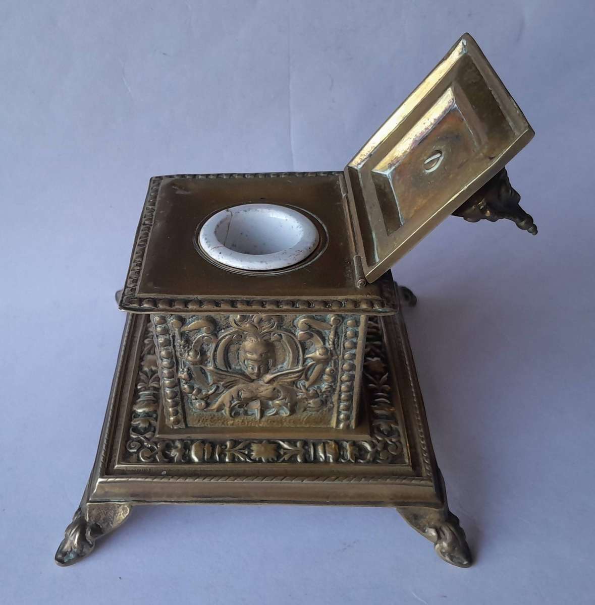 Victorian Cast Brass Ornate Inkwell With Ceramic Insert.  Circa 1880.  17 x 14.5cm.