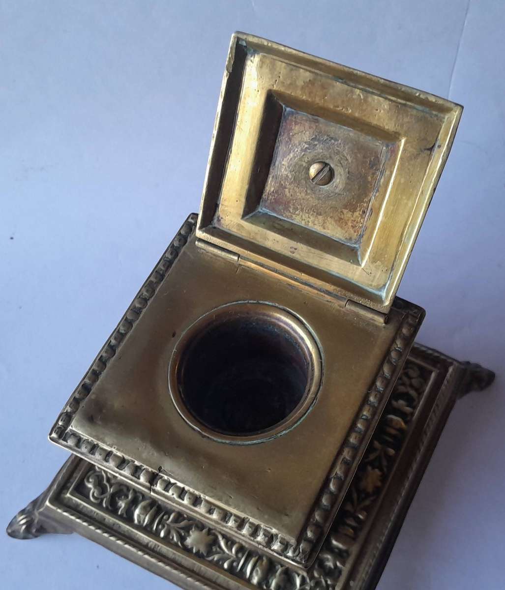 Victorian Cast Brass Ornate Inkwell With Ceramic Insert.  Circa 1880.  17 x 14.5cm.