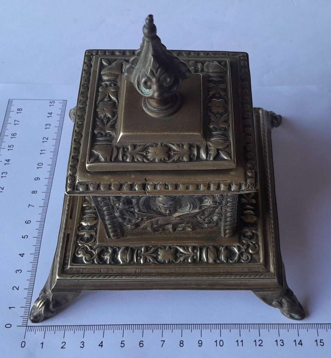 Victorian Cast Brass Ornate Inkwell With Ceramic Insert.  Circa 1880.  17 x 14.5cm.