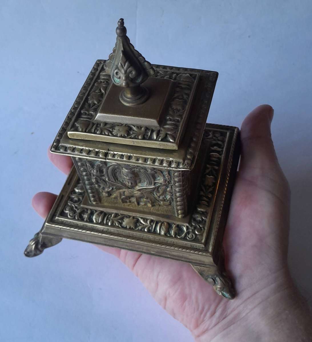 Victorian Cast Brass Ornate Inkwell With Ceramic Insert.  Circa 1880.  17 x 14.5cm.