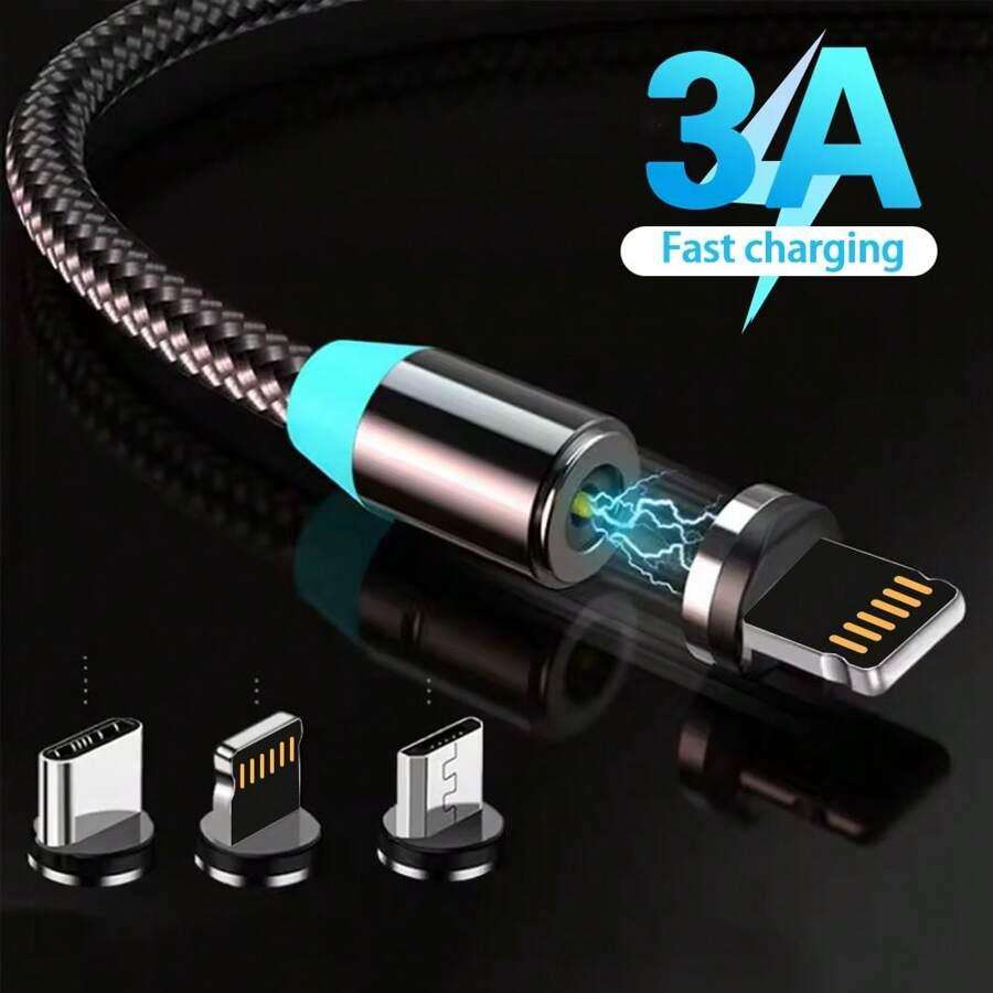 1pc 3-In-1 Magnetic Detachable Braided Fast Charging Cable