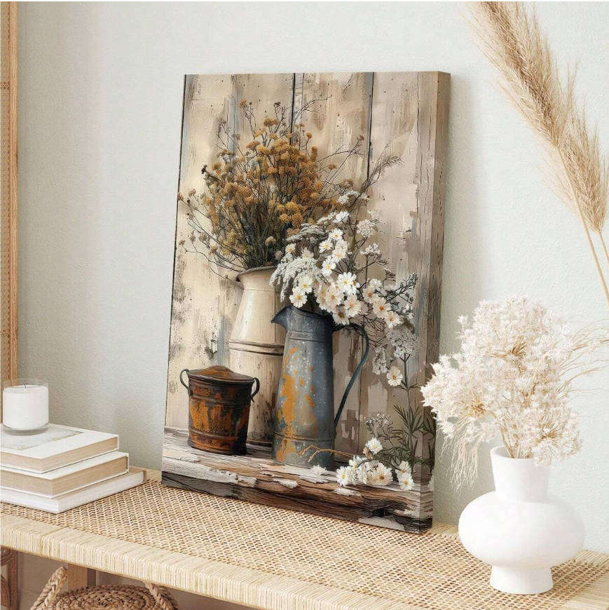 1pc Unframed Canvas Print Rustic Creamy Yellow Wood Grain Room Decor White Jasmine And Rusty Waterin