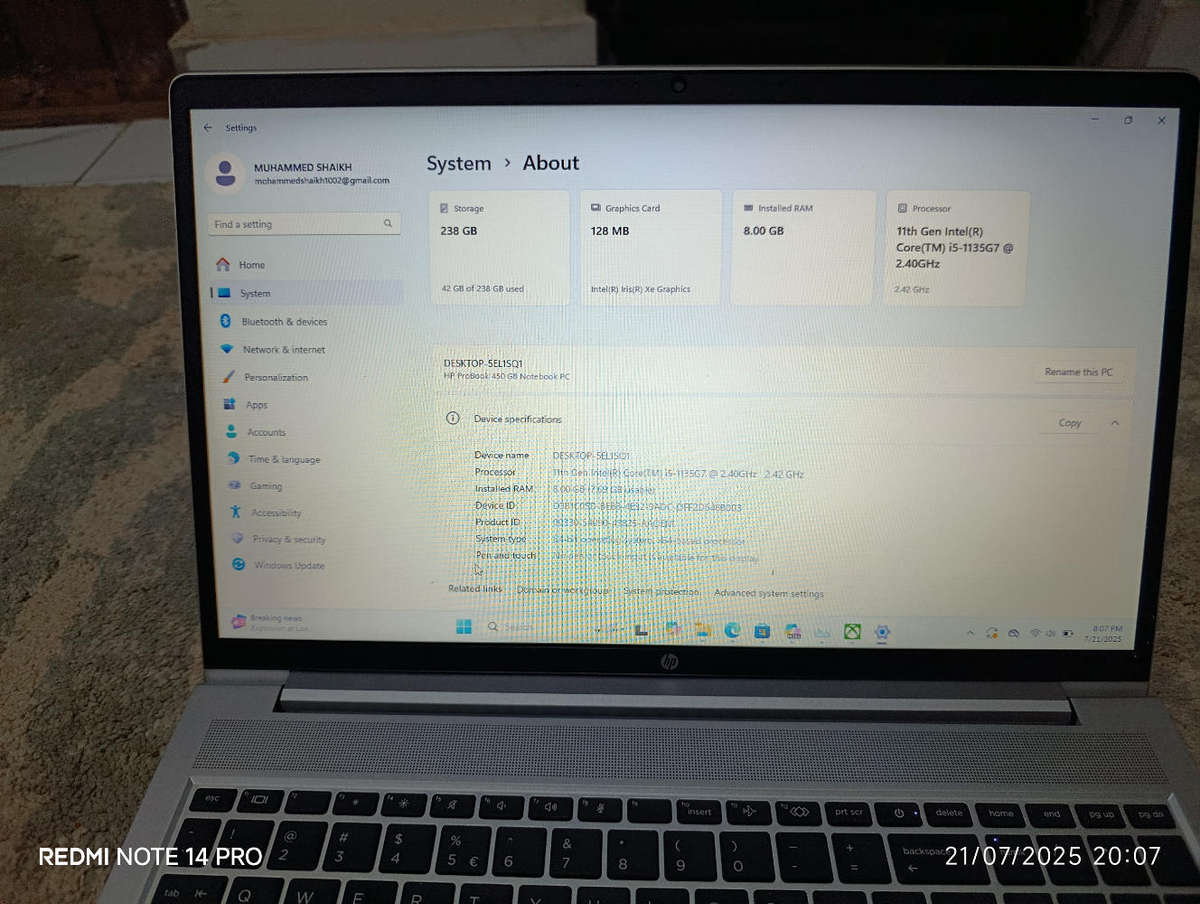 HP ProBook 450 G8 15.6" Notebook - 11th Gen Intel Core i5-1135G7, 256GB SSD 8GB RAM Xe Graphics