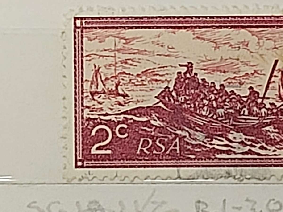 1971 2C LANDING OF BRITISH SETTLERS. LINE THROUGH STAMPS ON TOP LEFT CORNER