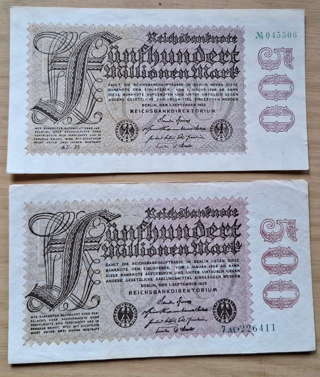 DEUTSCHES REICH Two 500 Millionen Mark 1923 banknotes - Germany - different watermarks