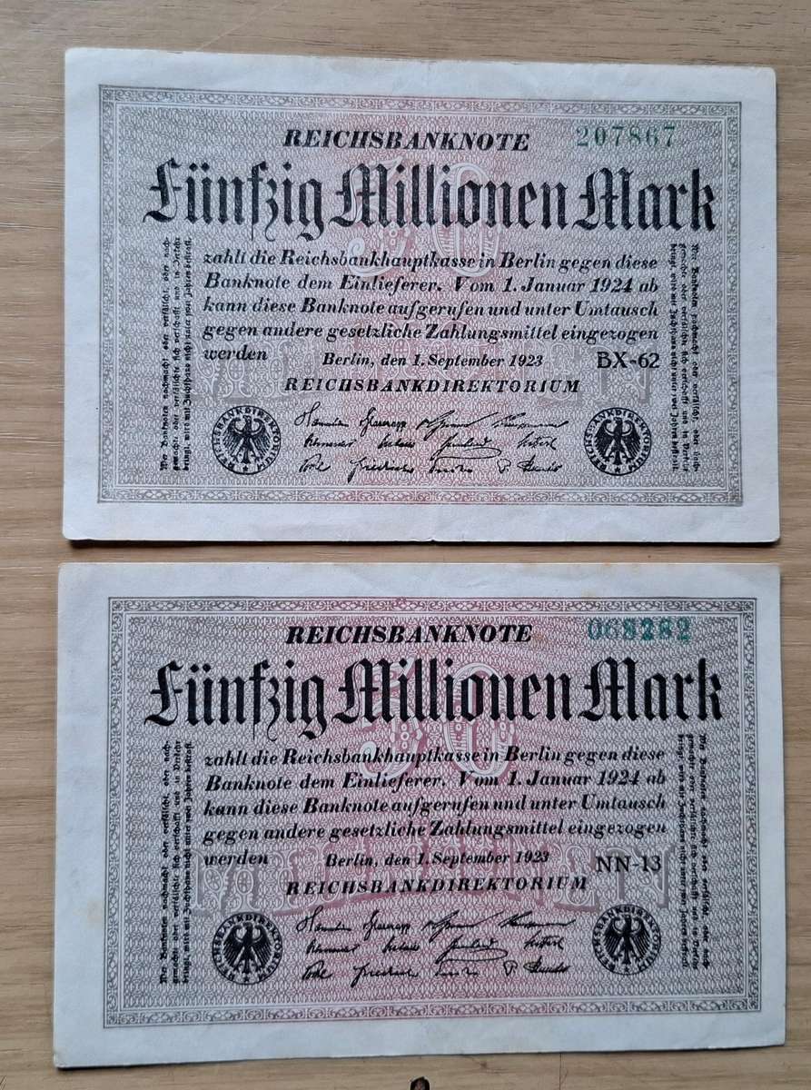 DEUTSCHES REICH Two 50 Millionen Mark 1923 banknotes - Germany - different watermarks