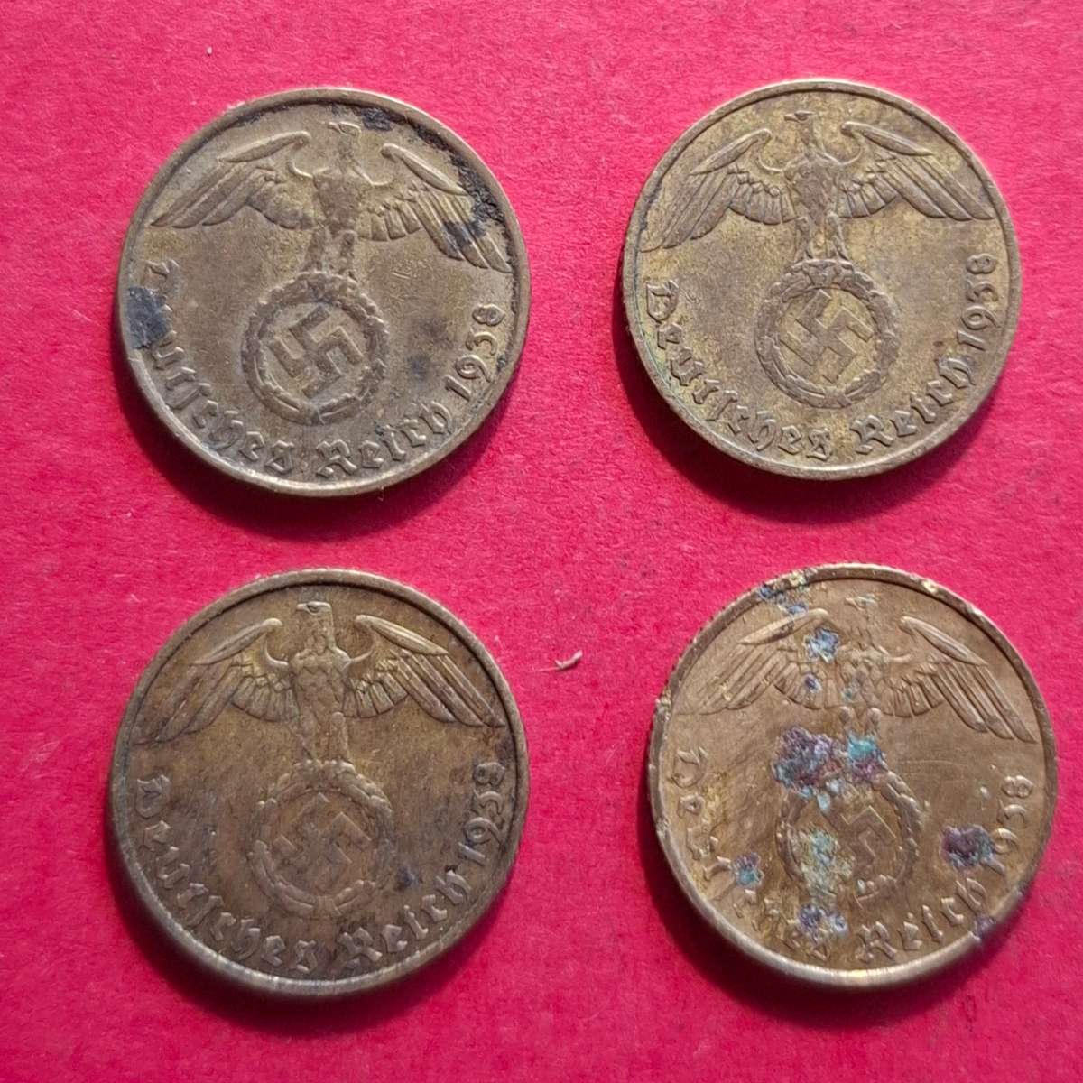 DEUTSCHES REICH Four 5 Reichspfennig coins 1938 A A B D (Germany)
