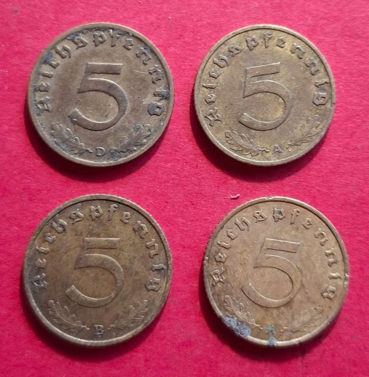 DEUTSCHES REICH Four 5 Reichspfennig coins 1938 A A B D (Germany)