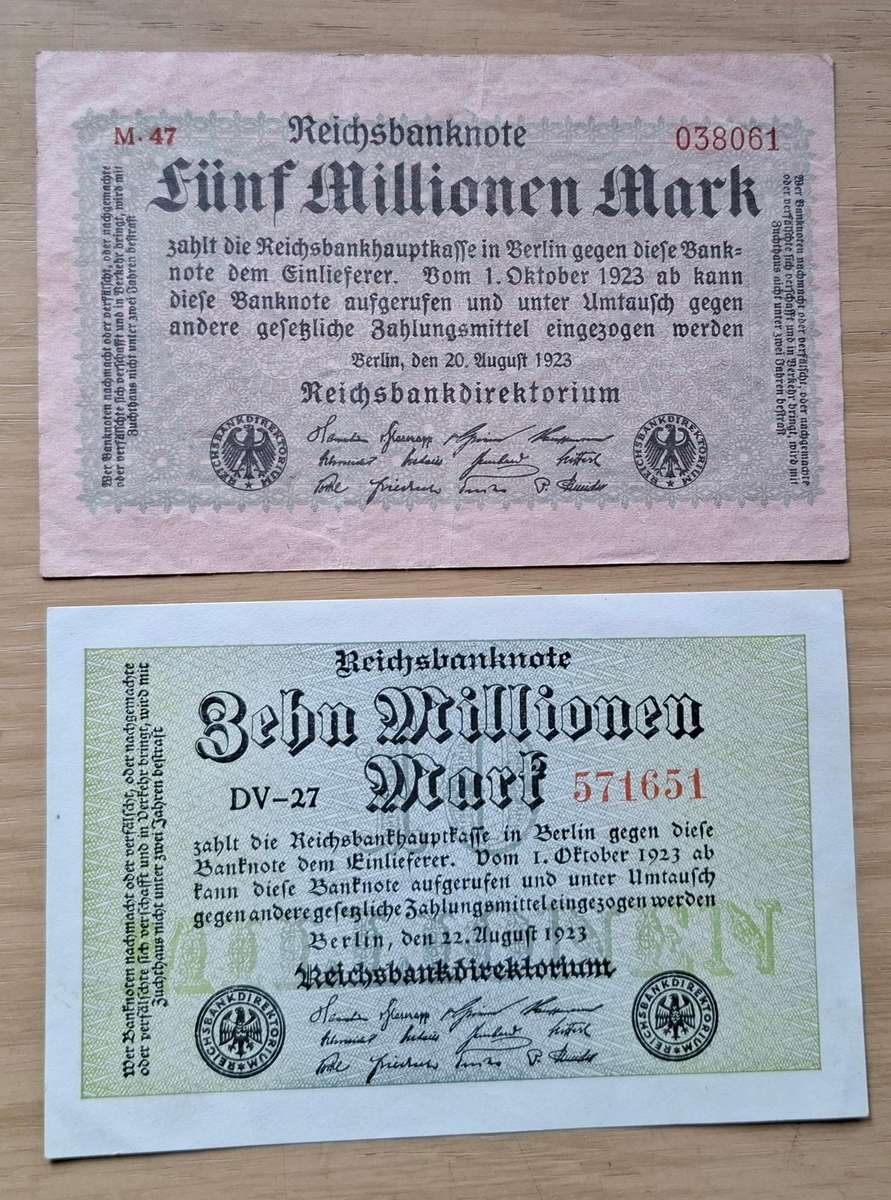 DEUTSCHES REICH 5 & 10 Millionen Mark 1923 banknotes - Germany