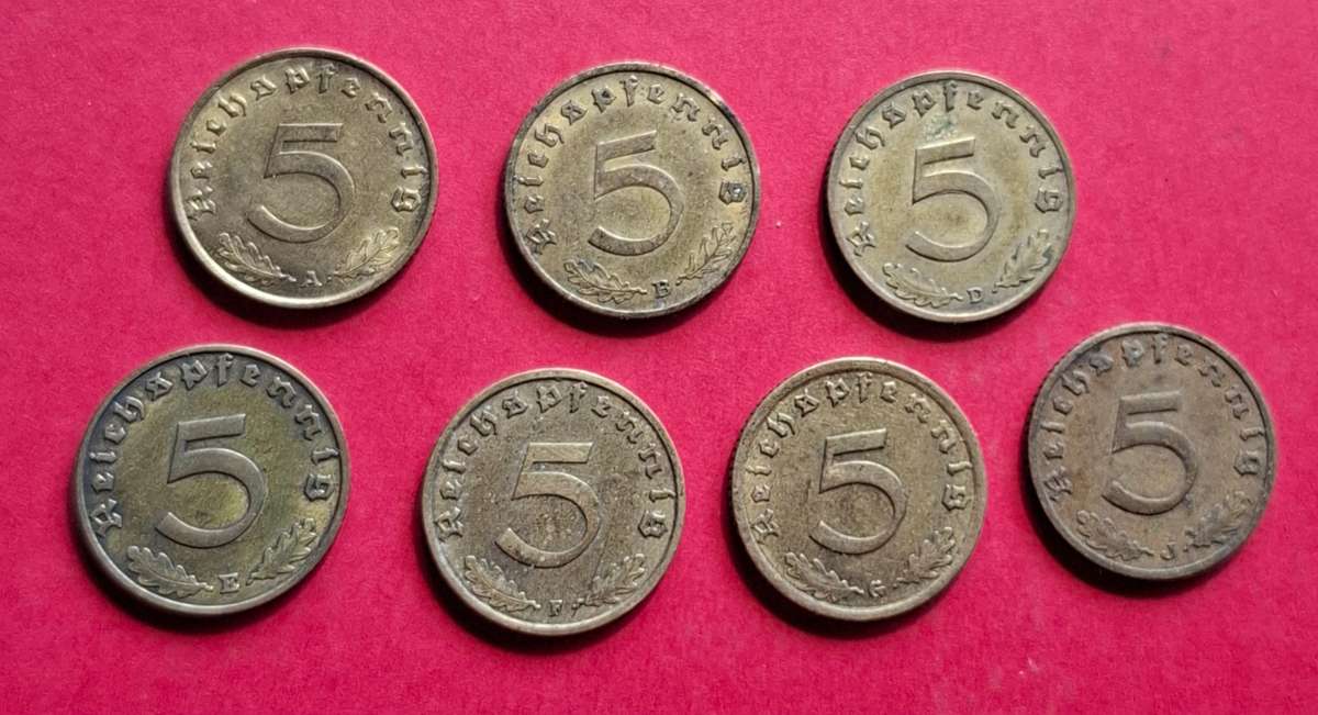 DEUTSCHES REICH 5 Reichspfennig 1938 A B D E F G J ***complete set***  (Germany)
