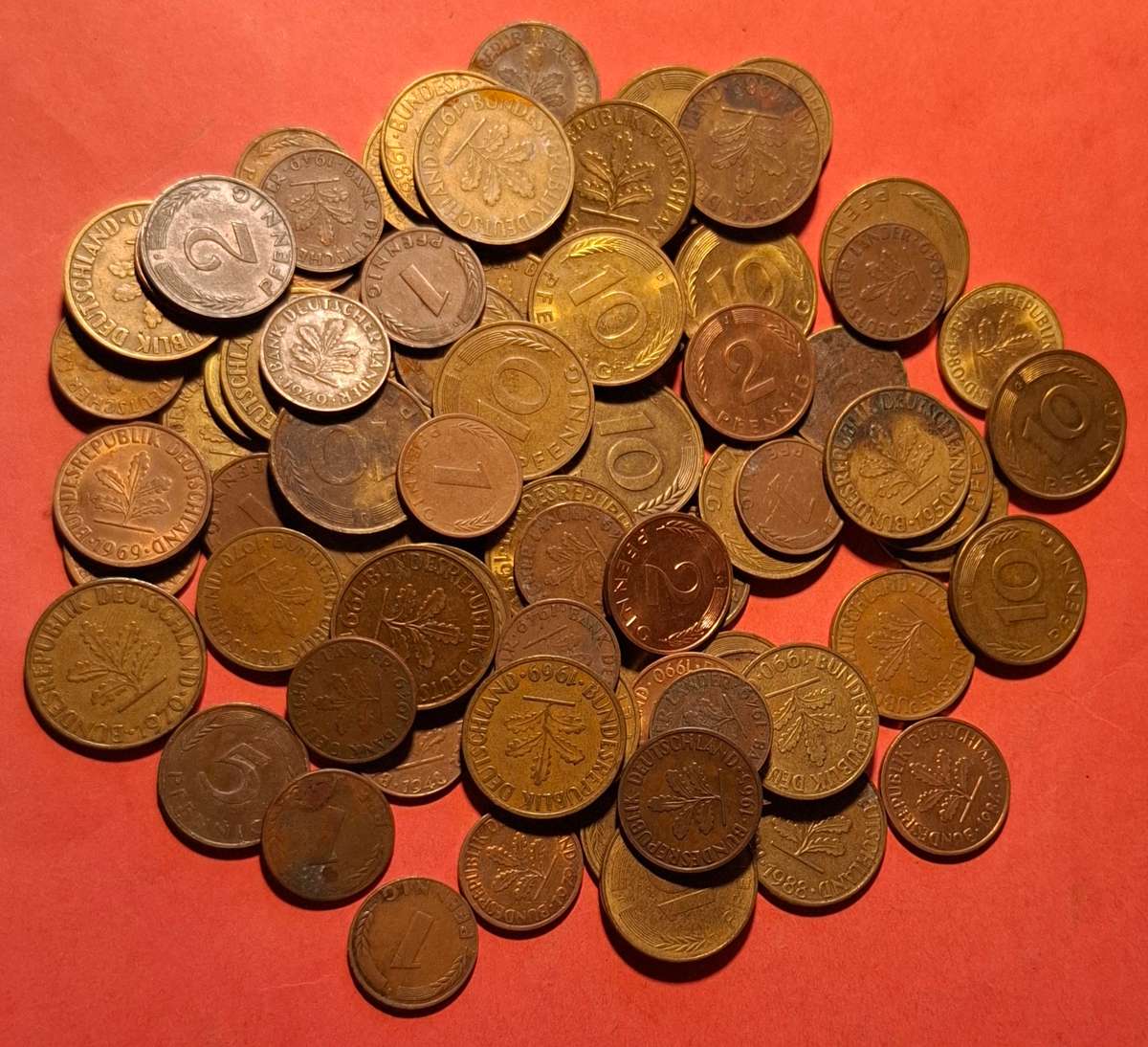 89 collectible 1, 2, 5, & 10 Pfennig coins, 1940s-1990s, original West-Germany numismatics