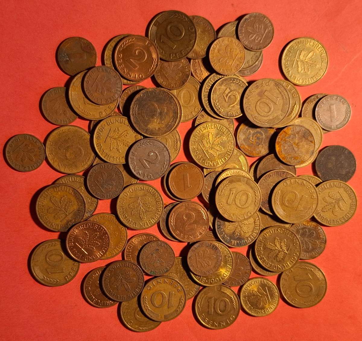 89 collectible 1, 2, 5, & 10 Pfennig coins, 1940s-1990s, original West-Germany numismatics