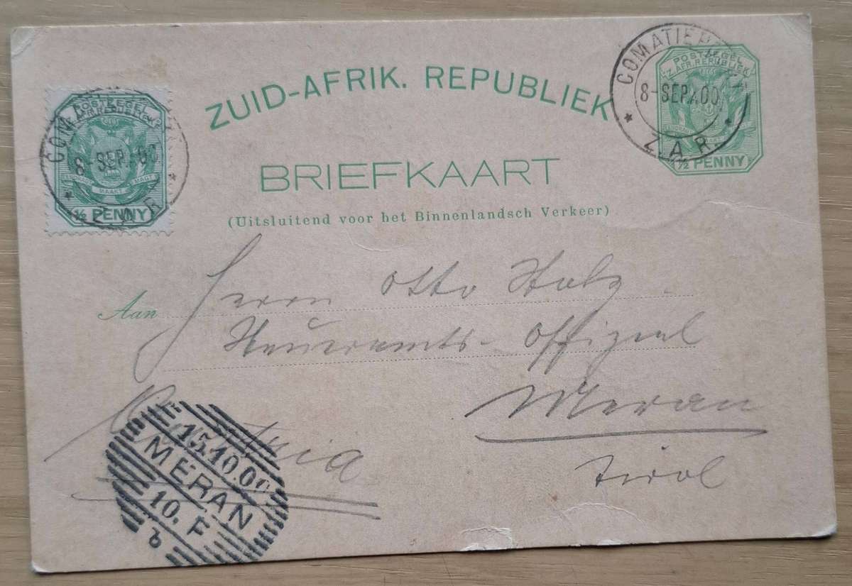 BRIEFKAART ZUID-AFRIKAANSCHE REPUBLIEK to Meran Tirol Austria, superb cancellation Comatiepoort