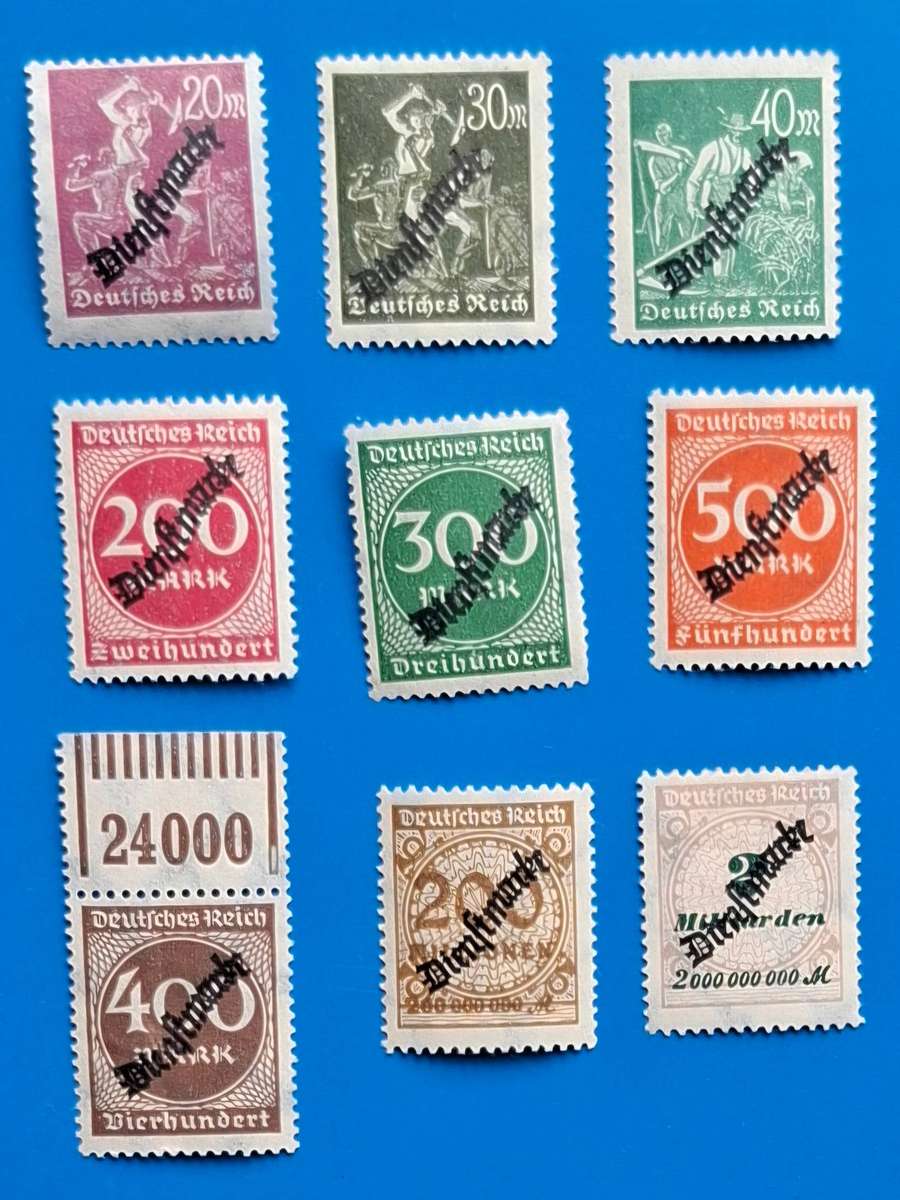 DEUTSCHES REICH, Dienstmarken 1923, Mi 75-81, mint (**) plus Mi 83 (**), Mi 84 (*)