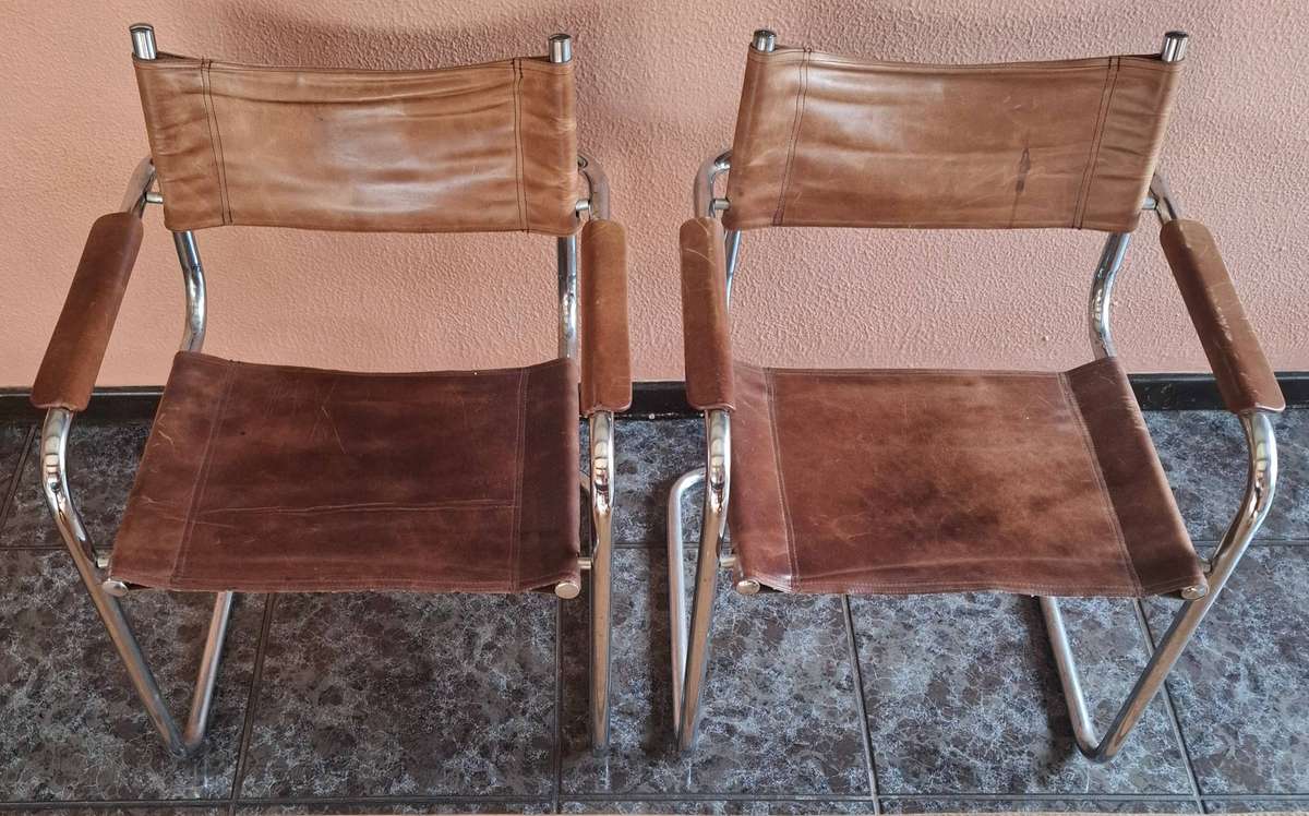 4 dining/sitting room chairs, chrome plated stainless steel, genuine leather - PICK UP ONLY