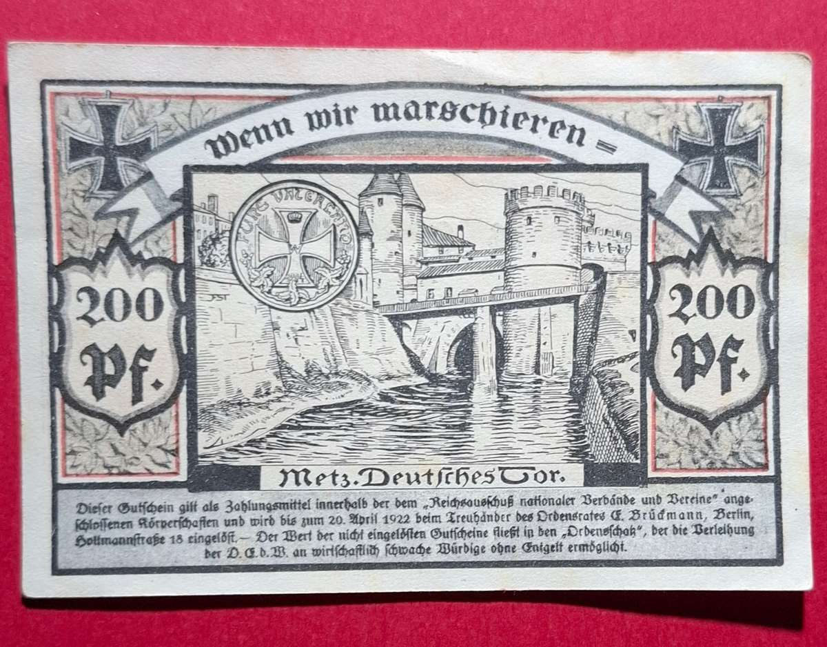 DEUTSCHES REICH 200 Pfennig 1922, Notgeld Berlin, Ordensrat Nationalgesinnter Soldaten, Metz **EF+**