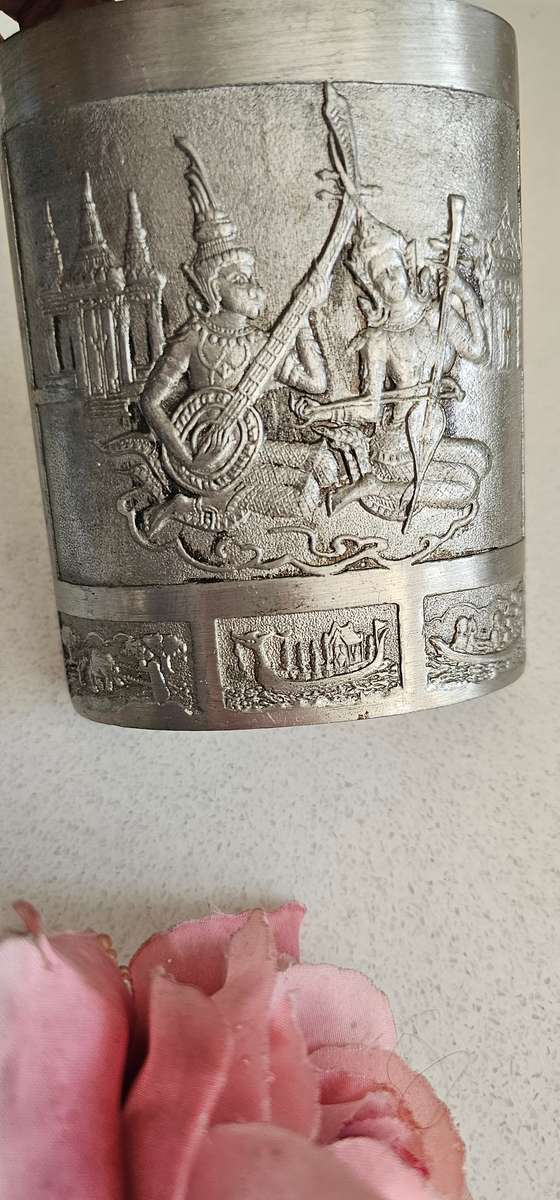 Vintage Pewter Flask with Thai theme engraving