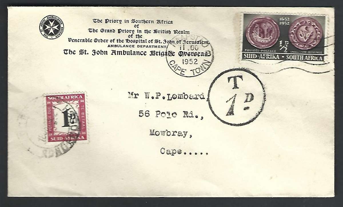 Union of SA - St. John Ambulance Brigade  envelope with postage due variety