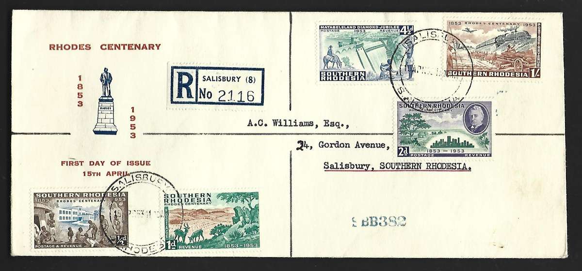 Southern Rhodesia FDC - Centenary of Cecil Rhodes  15/04/1953