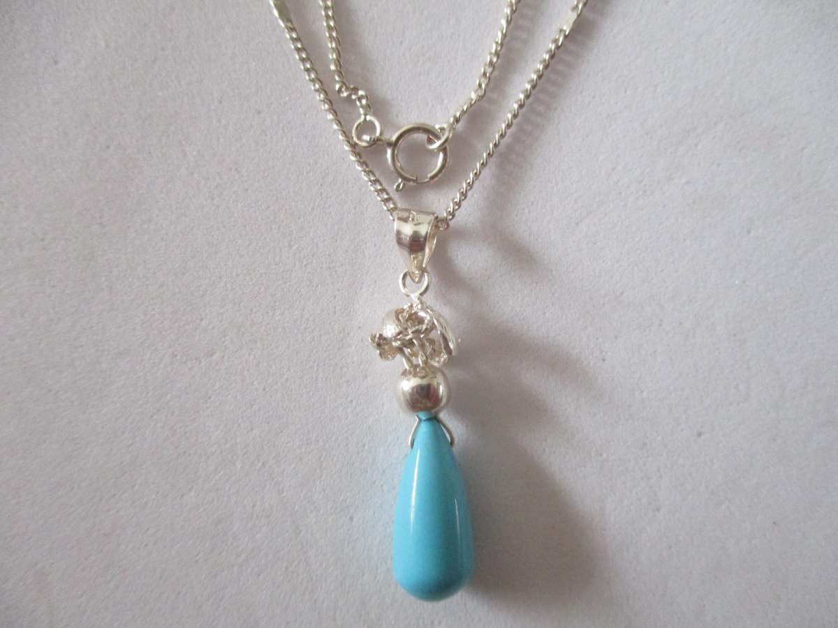 Sterling Silver 45 cm Long Chain and  Turquoise Pendant on/ Necklace