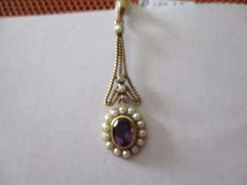 9Ct Yellow Gold Seed Pearls and Amethyst Pendant