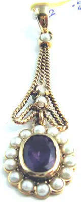 9Ct Yellow Gold Seed Pearls and Amethyst Pendant