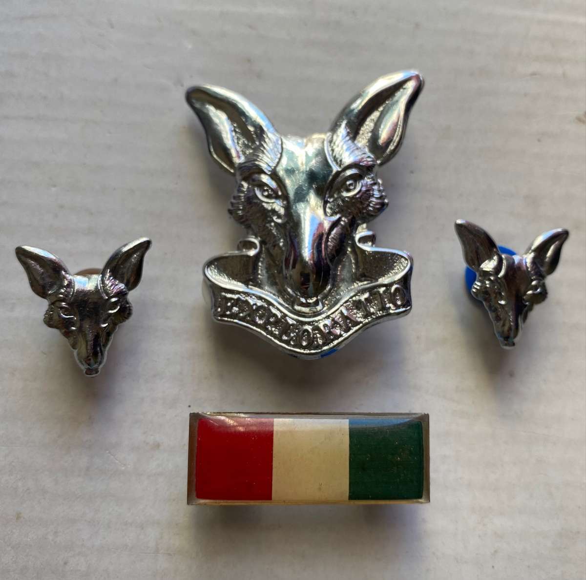 SA Intelligence Corps cap badge and collar badge with Bar All Pins